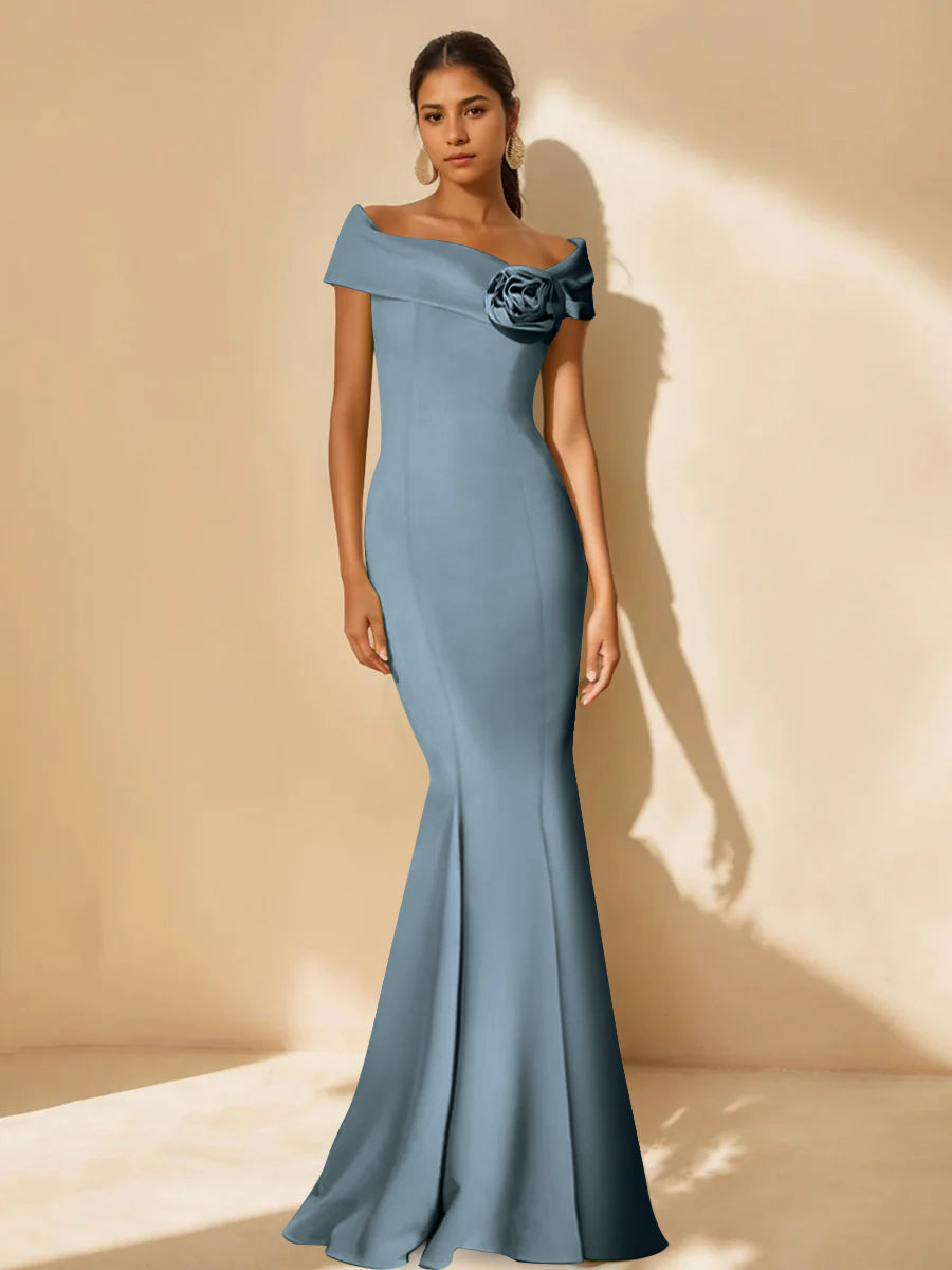 Minimalist Off-the-Shoulder Mother of the Bride Dresses in Trumpet/Mermaid Style with Detachable Flower