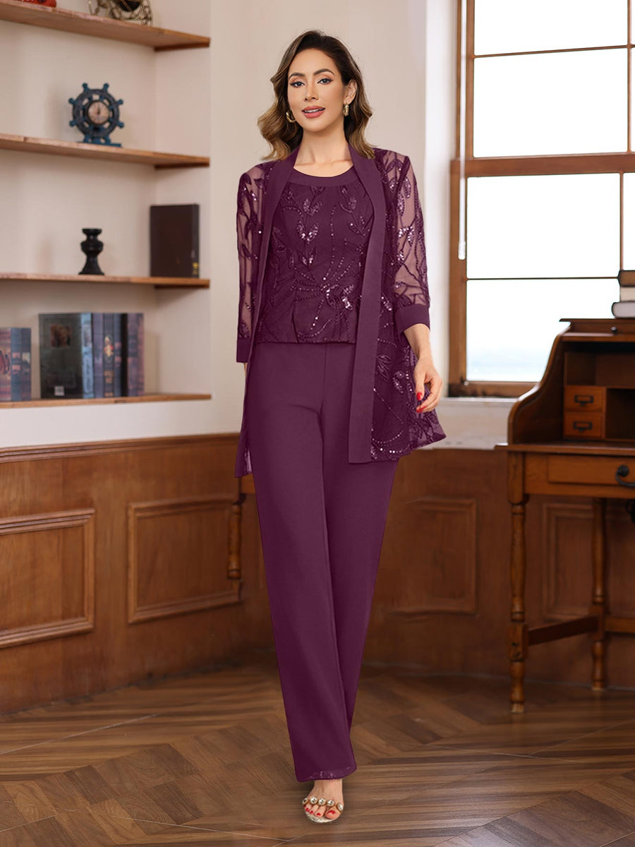 3-Piece Floor-Length Chiffon Pantsuits with Sequins for the Mother of the Bride