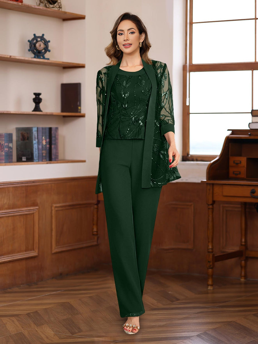 3-Piece Floor-Length Chiffon Pantsuits with Sequins for the Mother of the Bride