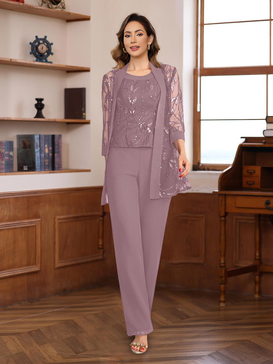 3-Piece Floor-Length Chiffon Pantsuits with Sequins for the Mother of the Bride