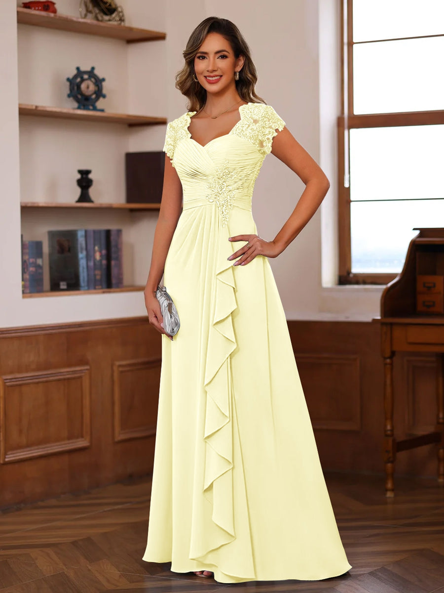 V-Neck A-Line Princess Short Sleeve Dress with Pleats Ruffles & Appliques for Mother of the Bride & Groom