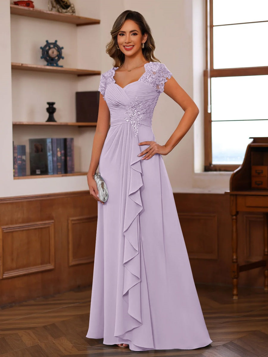 V-Neck A-Line Princess Short Sleeve Dress with Pleats Ruffles & Appliques for Mother of the Bride & Groom