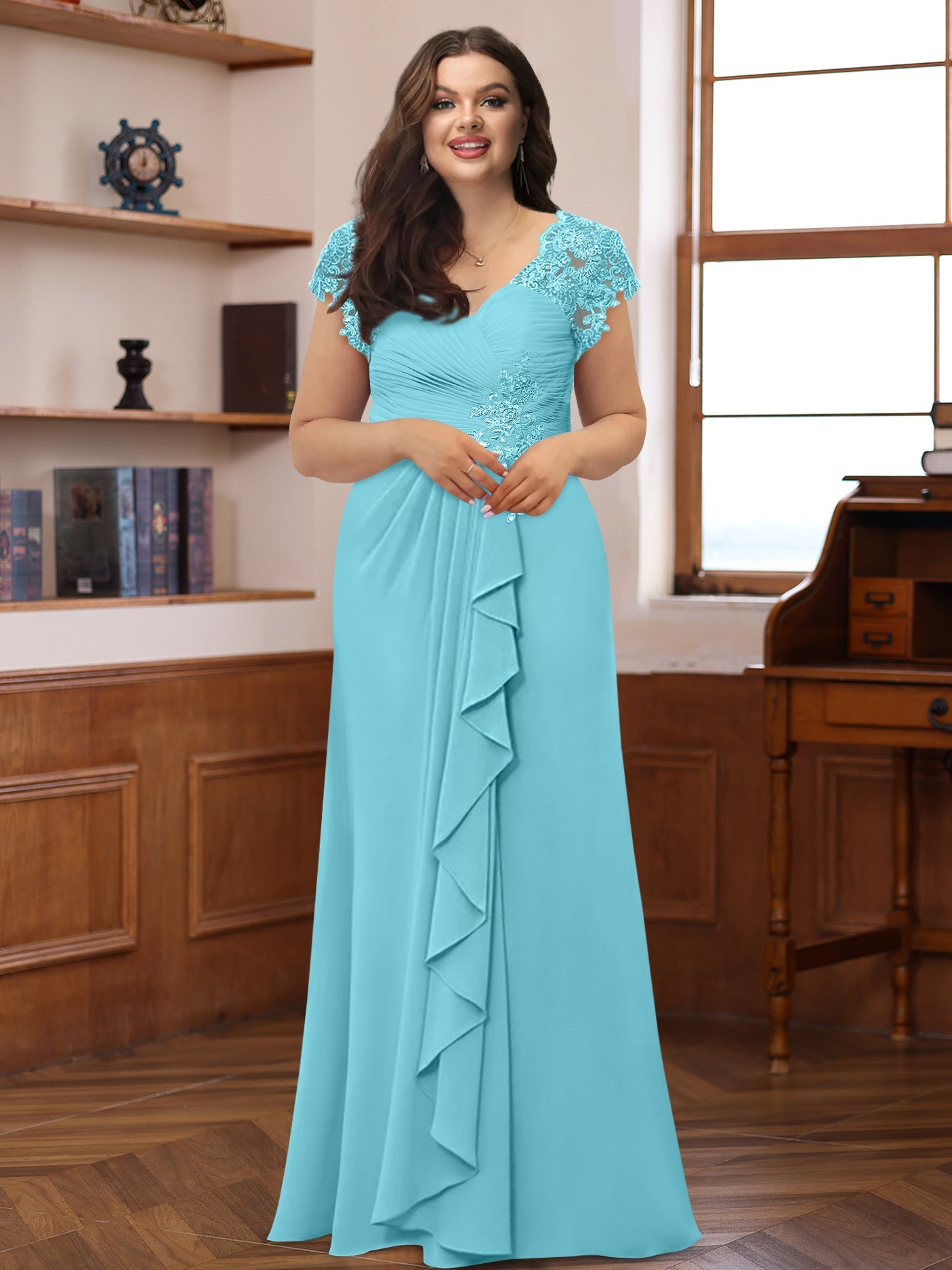 Plus Size V-Neck A-Line Princess Dress with Short Sleeves Ruffles and Appliques for Mothers of the Bride & Groom