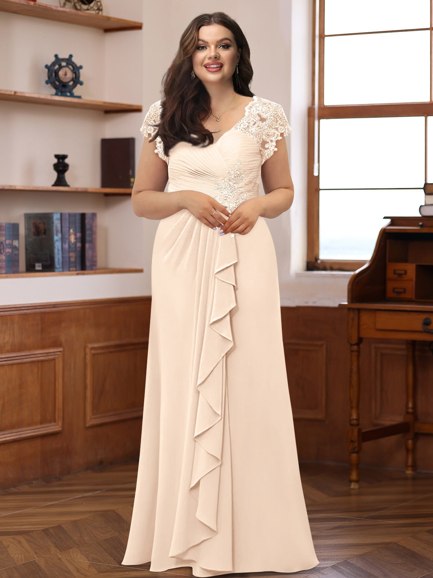 Plus Size V-Neck A-Line Princess Dress with Short Sleeves Ruffles and Appliques for Mothers of the Bride & Groom