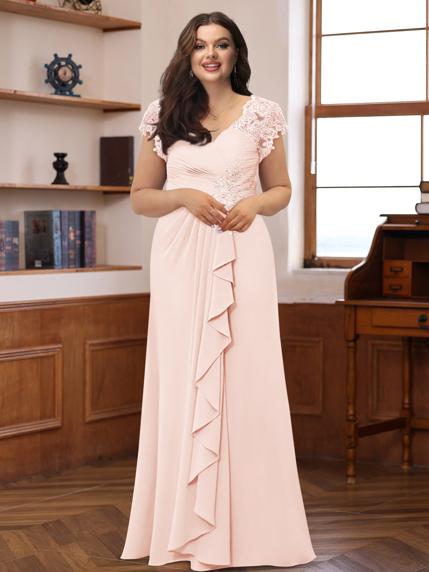 V-Neck A-Line Princess Short Sleeve Dress with Pleats Ruffles & Appliques for Mother of the Bride & Groom