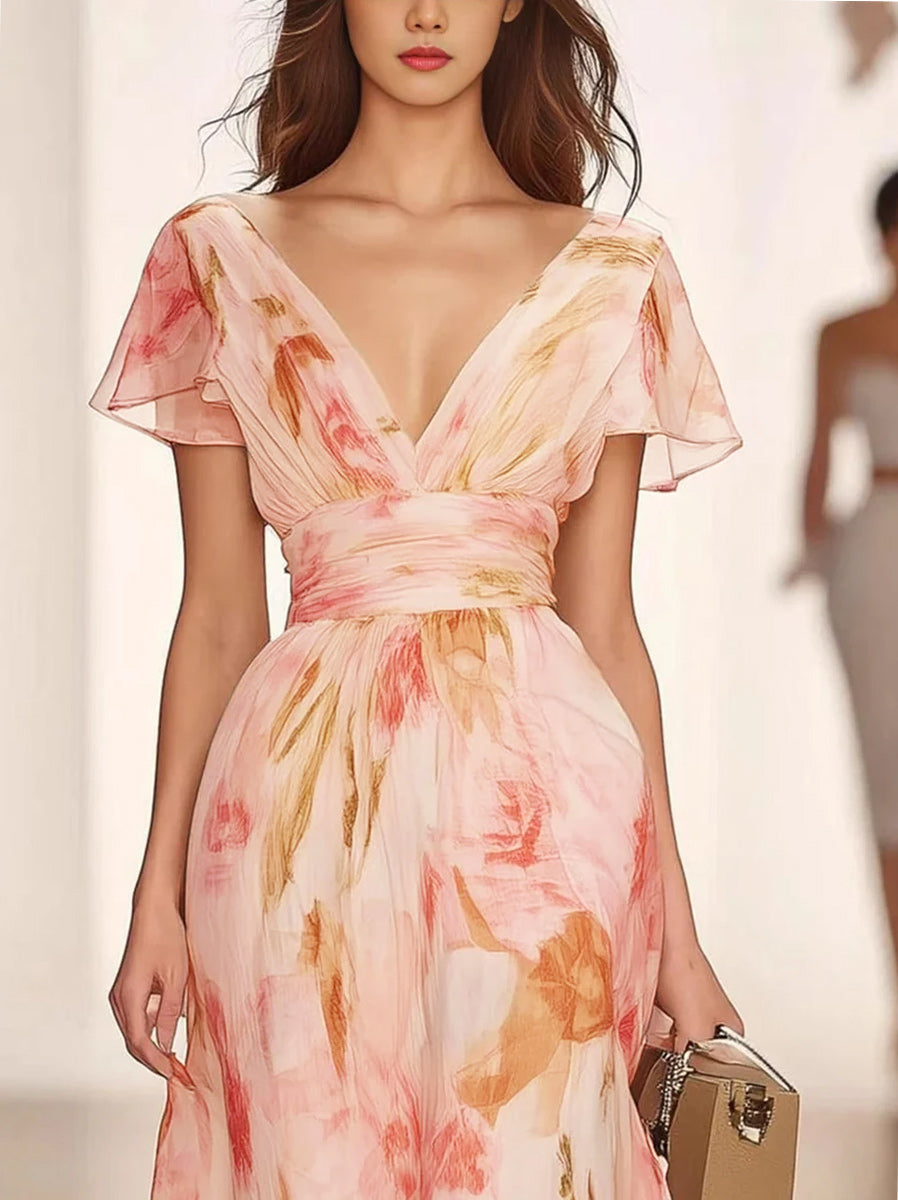 Printed Floral V-Neck A-Line Mother of the Bride Dress with Ruffles and Short Sleeves