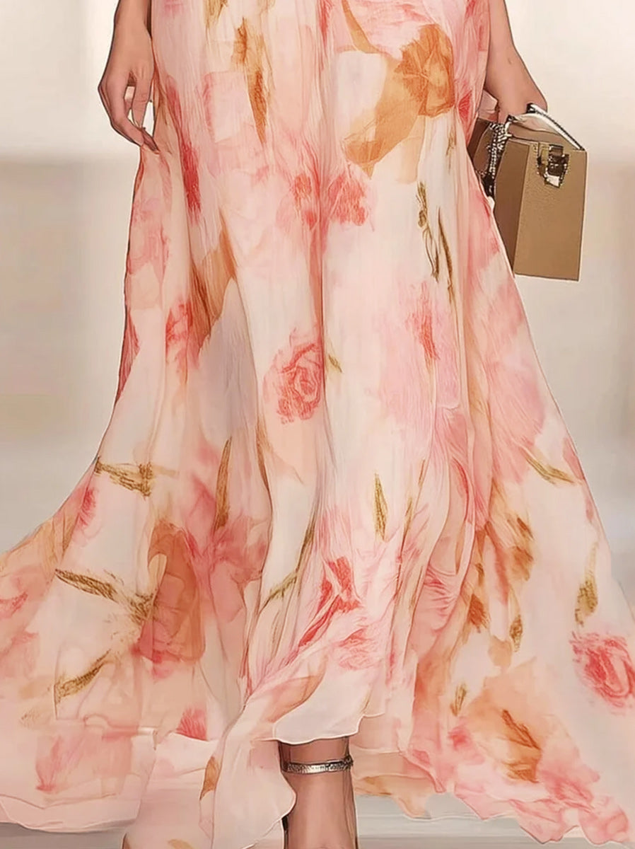 Printed Floral V-Neck A-Line Mother of the Bride Dress with Ruffles and Short Sleeves