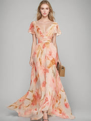 Printed Floral V-Neck A-Line Mother of the Bride Dress with Ruffles and Short Sleeves