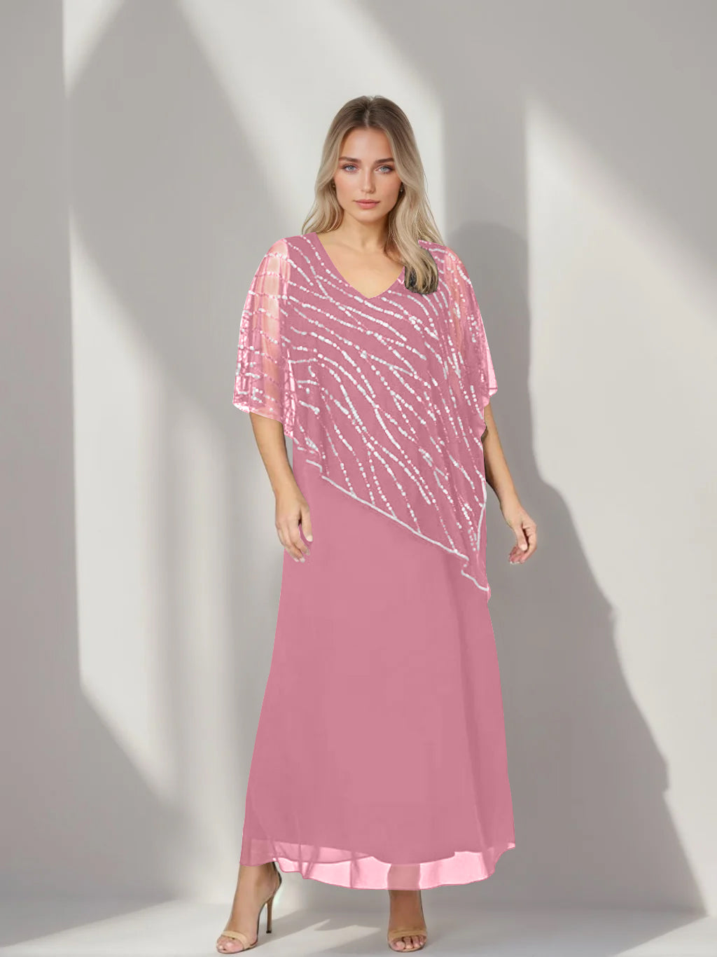 Plus Size V-Neck A-Line Princess Ankle-Length Mother of the Bride Dress with Asymmetrical Cape Popover and Half Sleeves