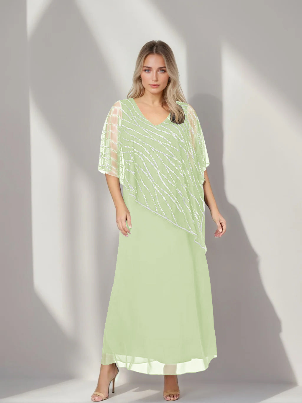 Plus Size V-Neck A-Line Princess Ankle-Length Mother of the Bride Dress with Asymmetrical Cape Popover and Half Sleeves