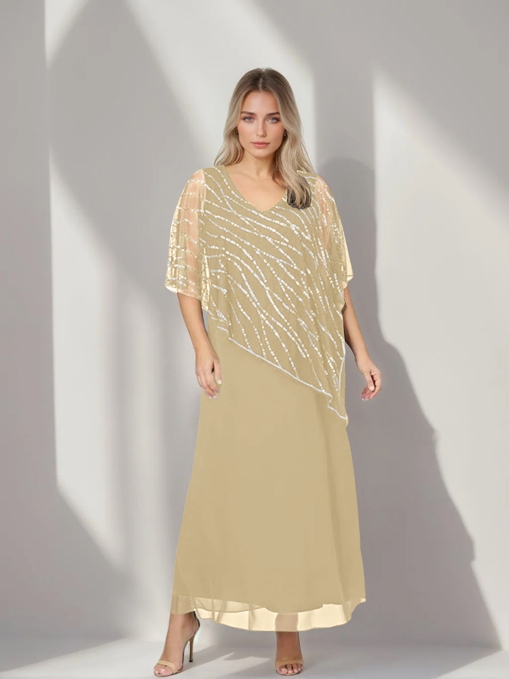 Plus Size V-Neck A-Line Princess Ankle-Length Mother of the Bride Dress with Asymmetrical Cape Popover and Half Sleeves