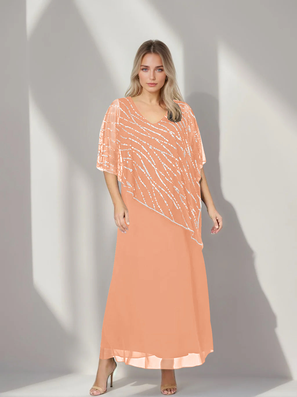 Plus Size V-Neck A-Line Princess Ankle-Length Mother of the Bride Dress with Asymmetrical Cape Popover and Half Sleeves