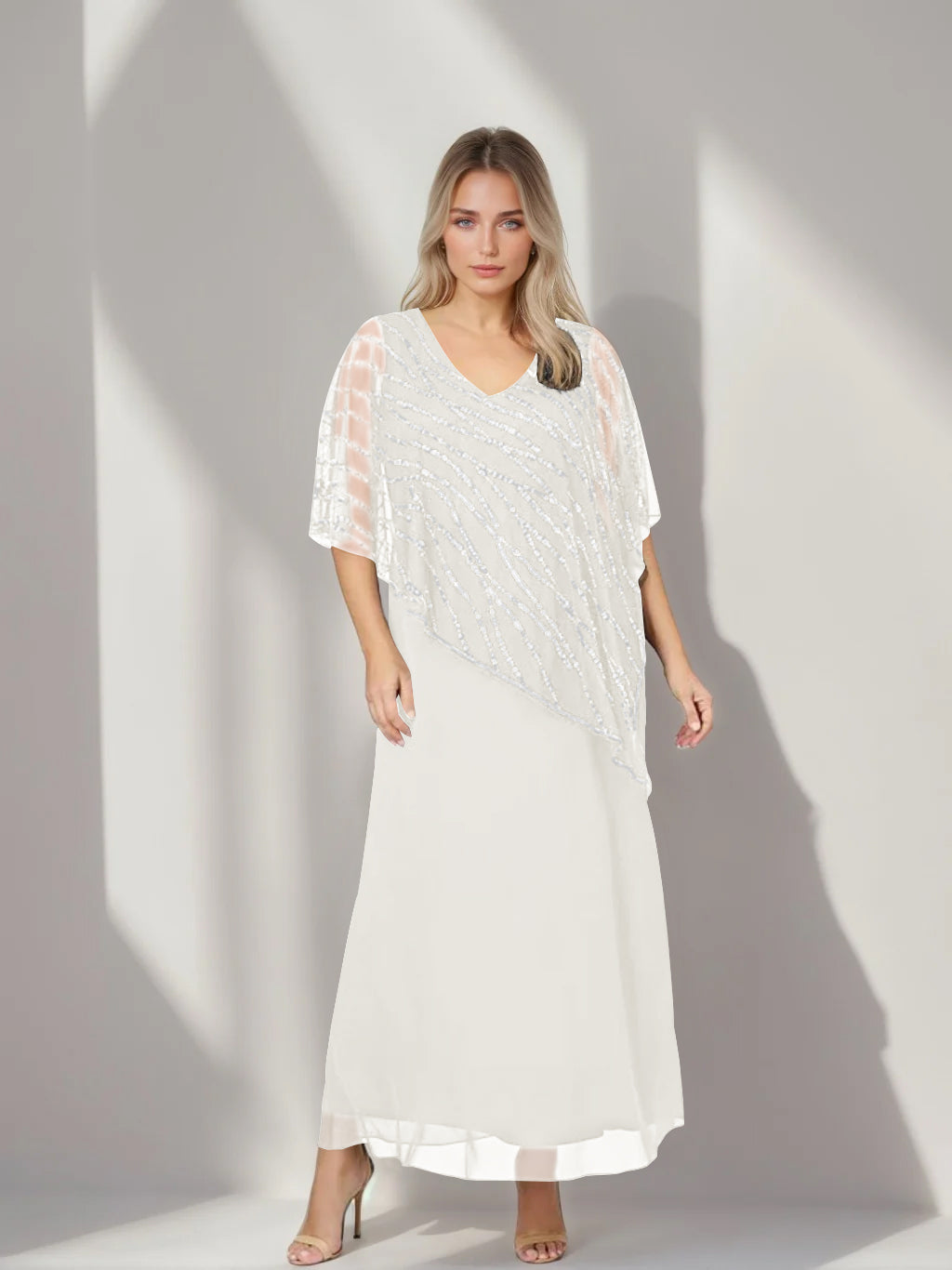 Plus Size V-Neck A-Line Princess Ankle-Length Mother of the Bride Dress with Asymmetrical Cape Popover and Half Sleeves