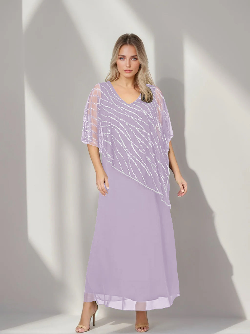 Plus Size V-Neck A-Line Princess Ankle-Length Mother of the Bride Dress with Asymmetrical Cape Popover and Half Sleeves