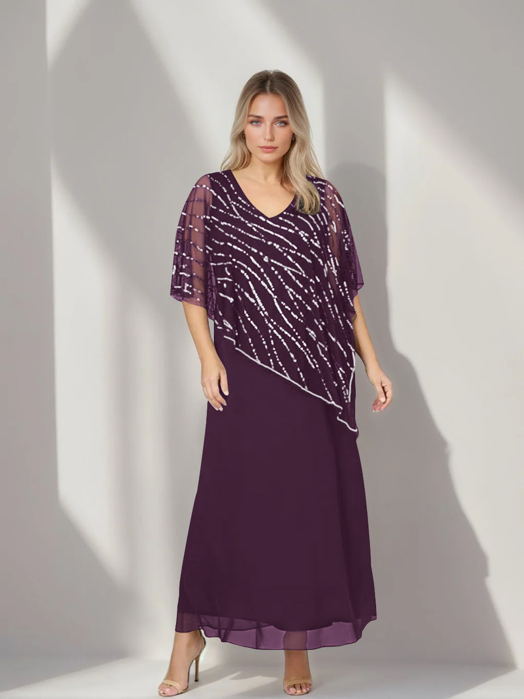Plus Size V-Neck A-Line Princess Ankle-Length Mother of the Bride Dress with Asymmetrical Cape Popover and Half Sleeves