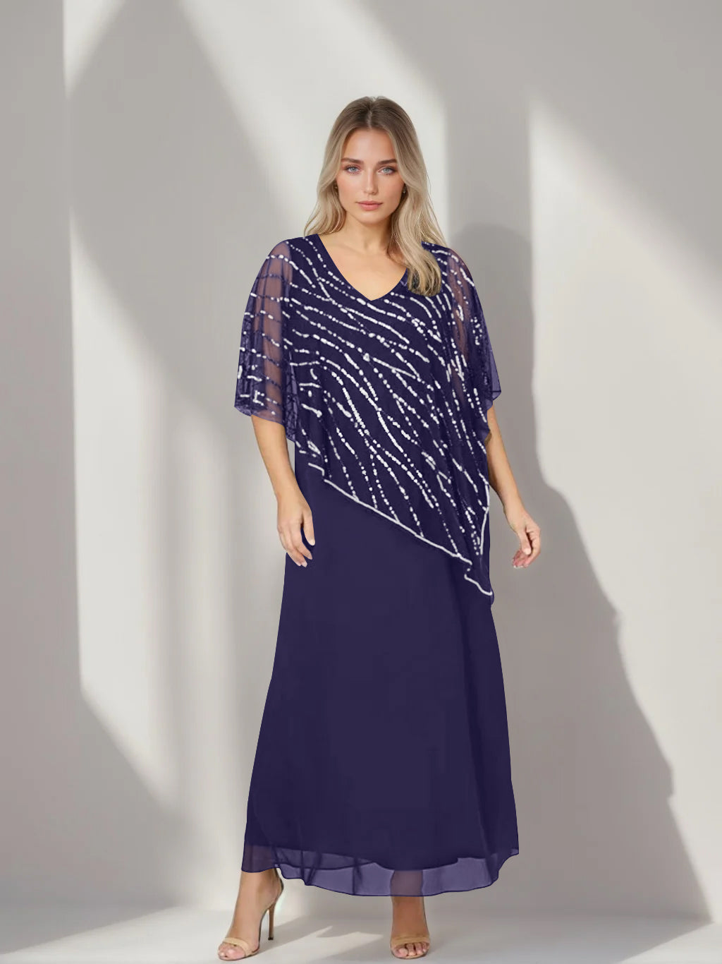 Plus Size V-Neck A-Line Princess Ankle-Length Mother of the Bride Dress with Asymmetrical Cape Popover and Half Sleeves