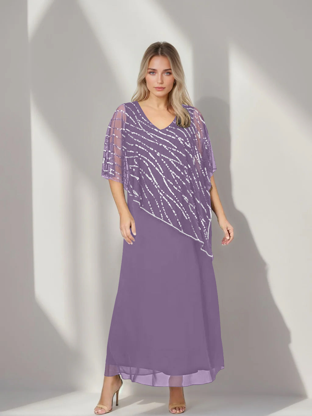 Plus Size V-Neck A-Line Princess Ankle-Length Mother of the Bride Dress with Asymmetrical Cape Popover and Half Sleeves