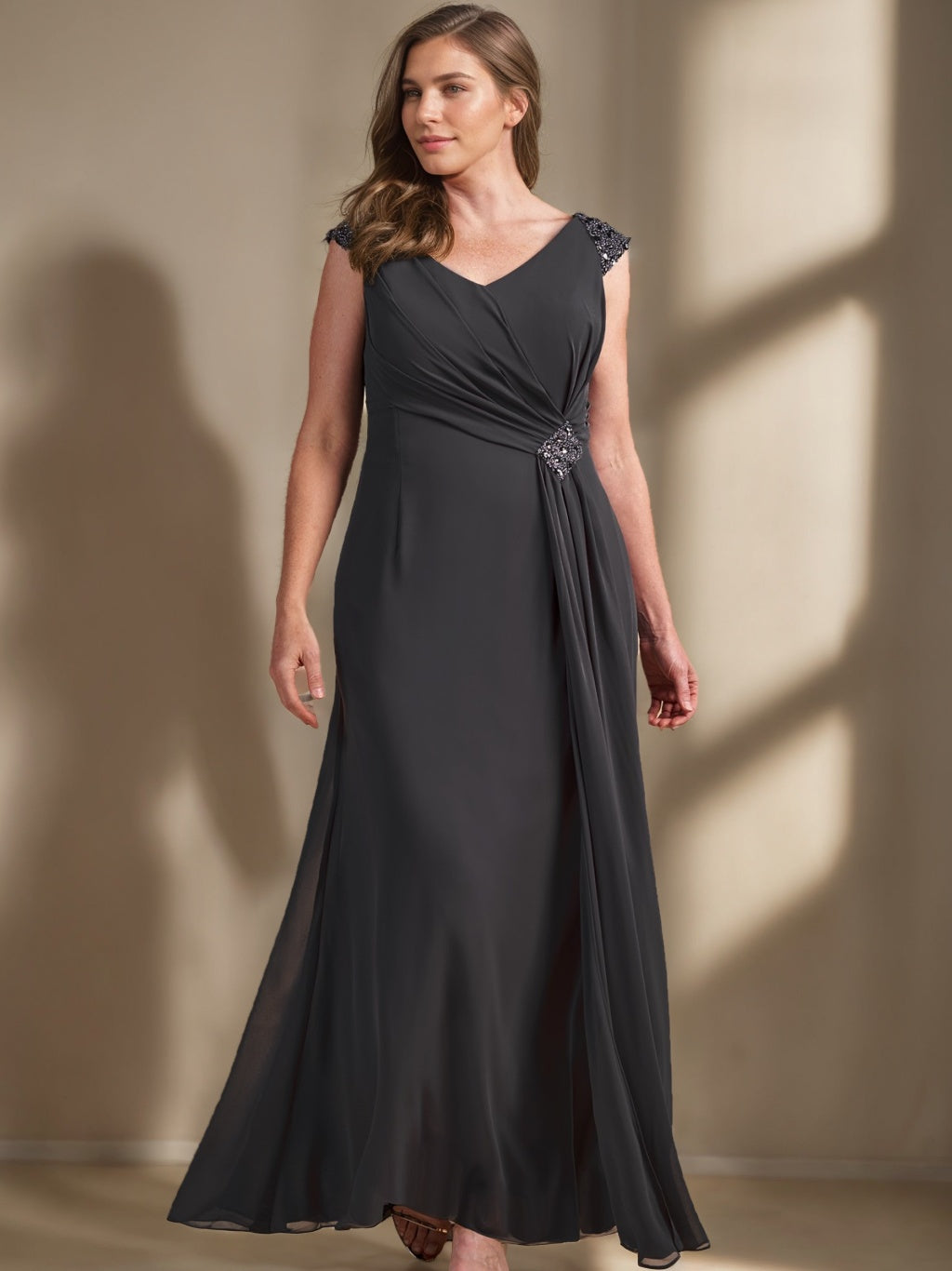 V-Neck Sleeveless Plus Size A-Line Princess Floor-Length Mother of the Bride Dress with Sequins and Ruffles
