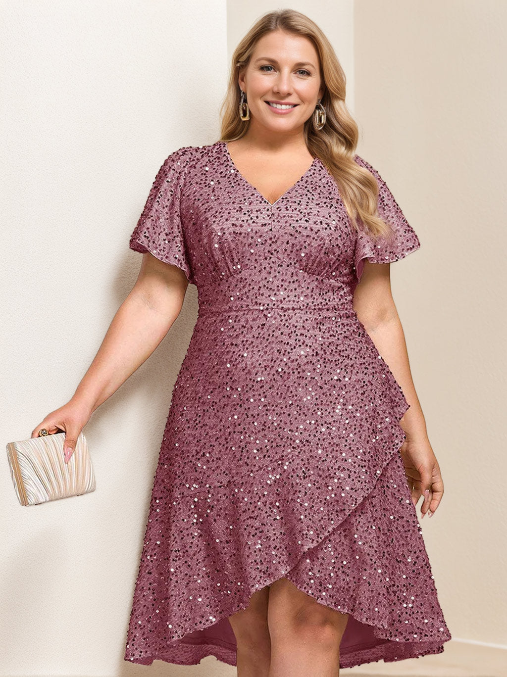 V-Neck A-Line Princess Short Sleeve Asymmetrical Plus Size Mother of the Bride Dress with Sequins and Ruffles