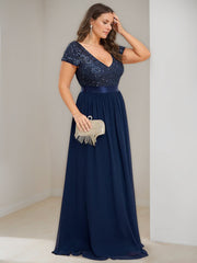 Plus Size V-Neck A-Line Princess Floor-Length Chiffon Mother Of The Bride Dress with Ribbon and Short Sleeves