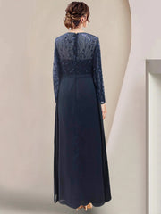 Floor-Length Mother of the Bride A-Line Dress with Scoop Neck Long Sleeves Side Split Ruffles and Sequins