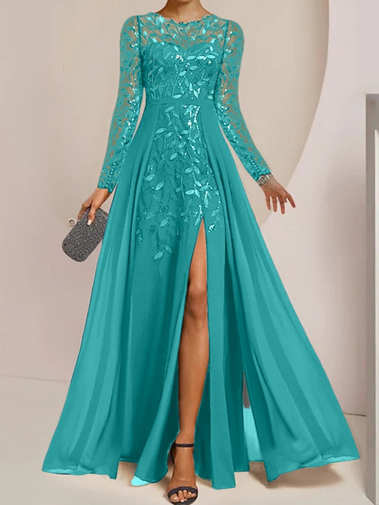 Floor-Length Mother of the Bride A-Line Dress with Scoop Neck Long Sleeves Side Split Ruffles and Sequins