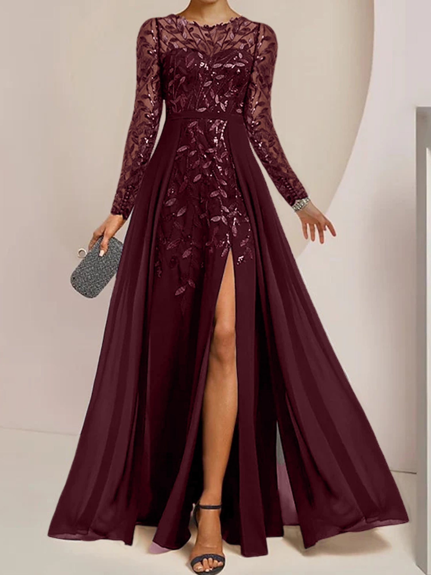 Floor-Length Mother of the Bride A-Line Dress with Scoop Neck Long Sleeves Side Split Ruffles and Sequins