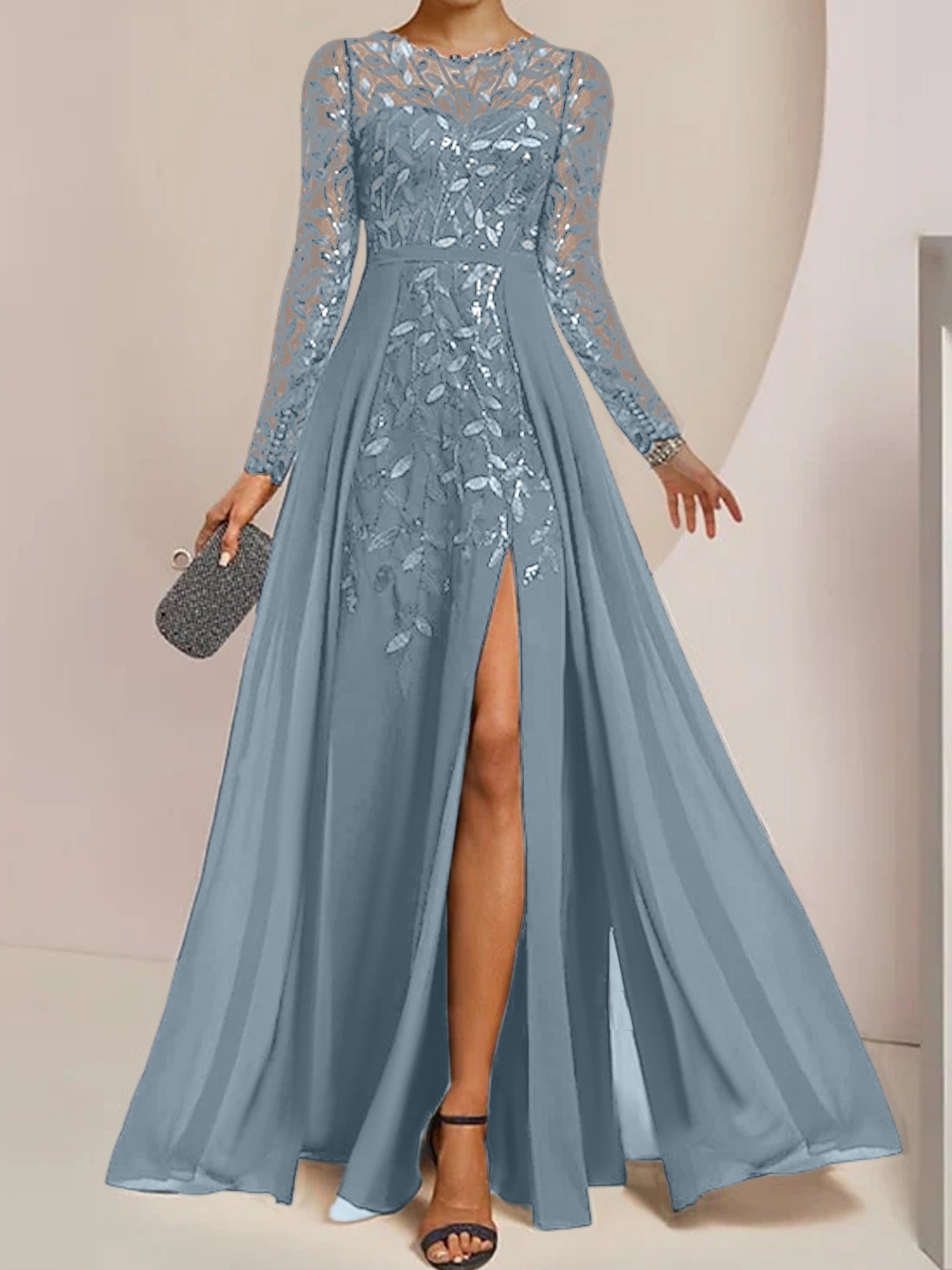 Floor-Length Mother of the Bride A-Line Dress with Scoop Neck Long Sleeves Side Split Ruffles and Sequins