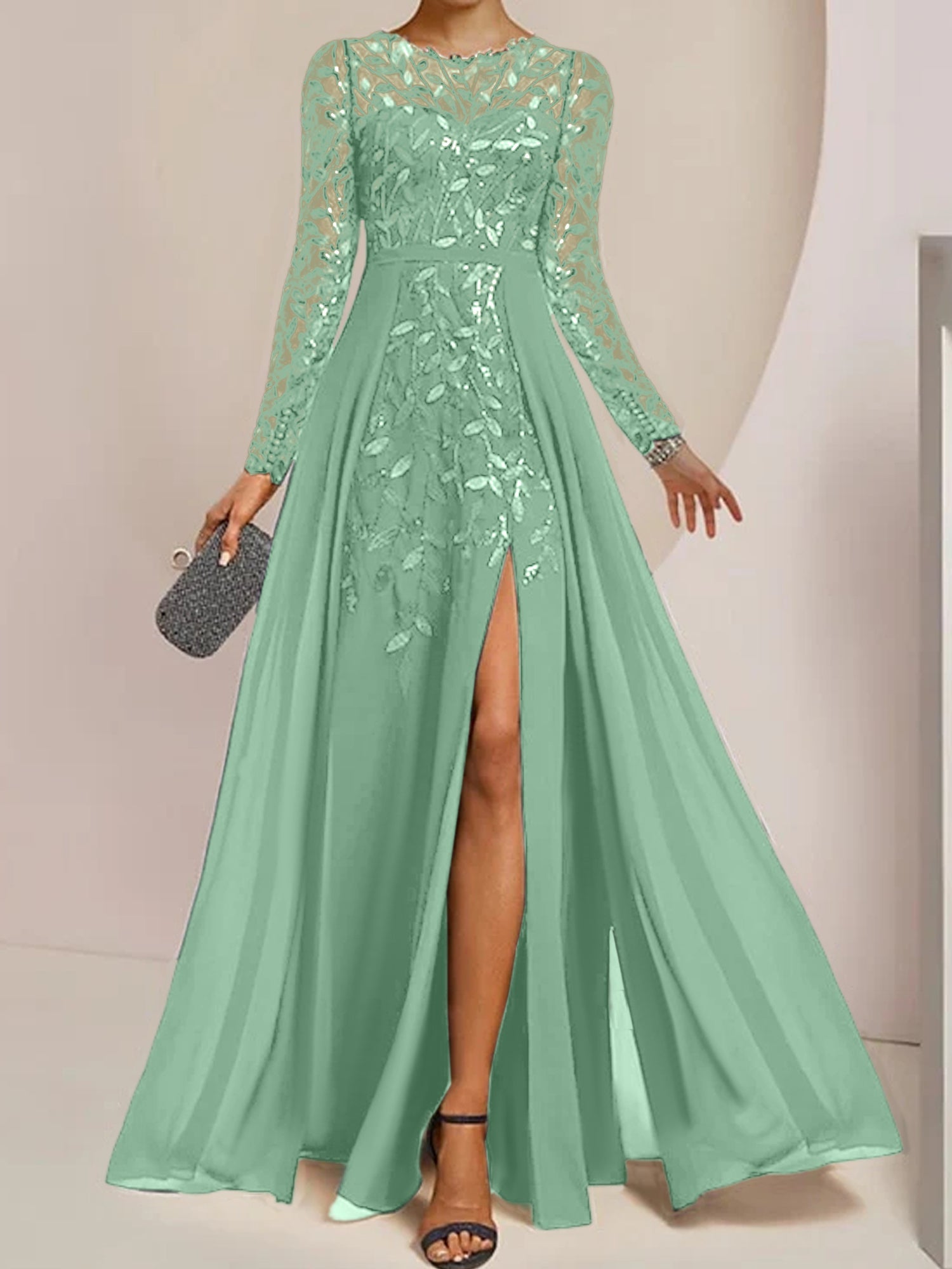 Floor-Length Mother of the Bride A-Line Dress with Scoop Neck Long Sleeves Side Split Ruffles and Sequins