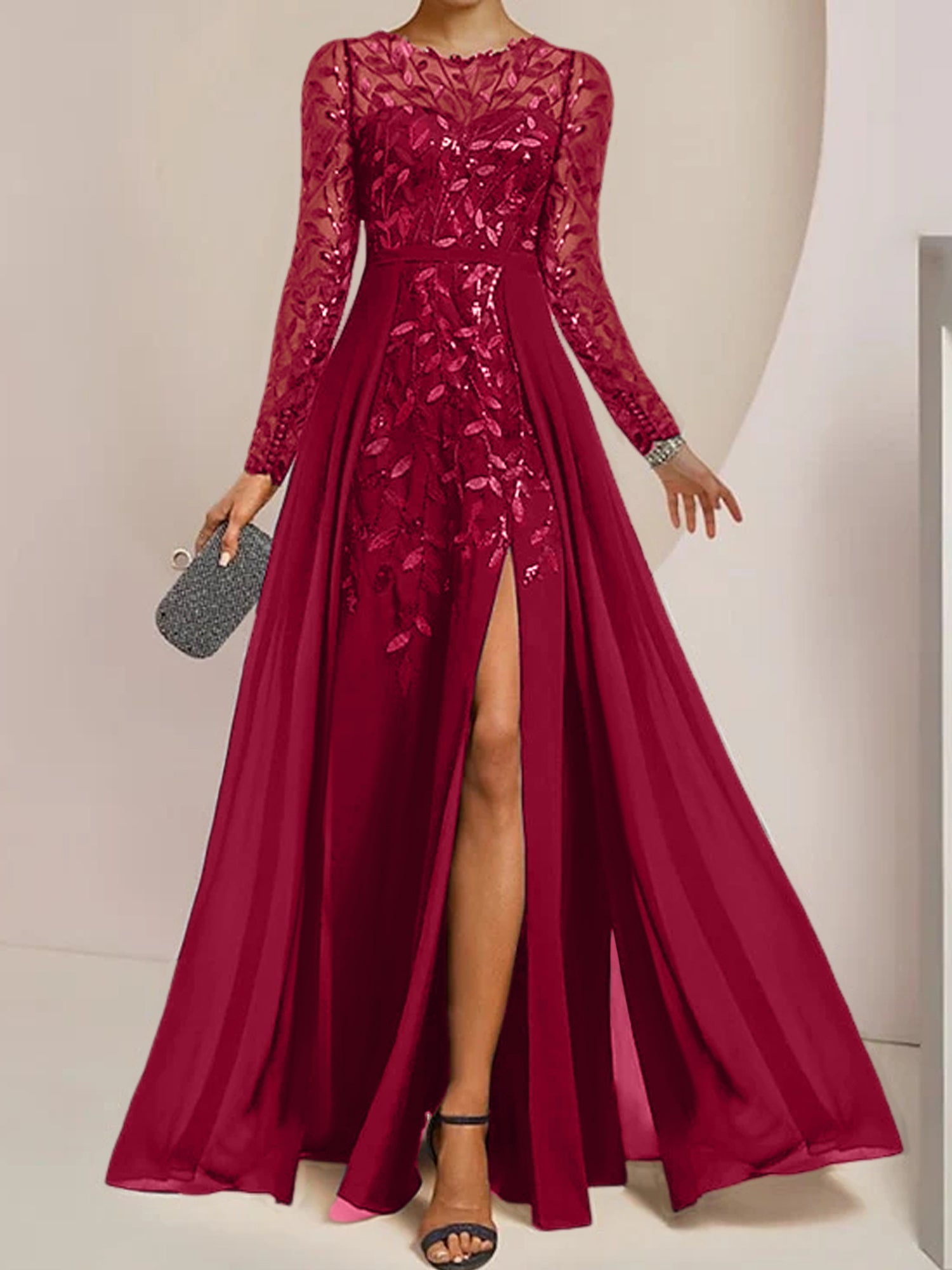 Floor-Length Mother of the Bride A-Line Dress with Scoop Neck Long Sleeves Side Split Ruffles and Sequins