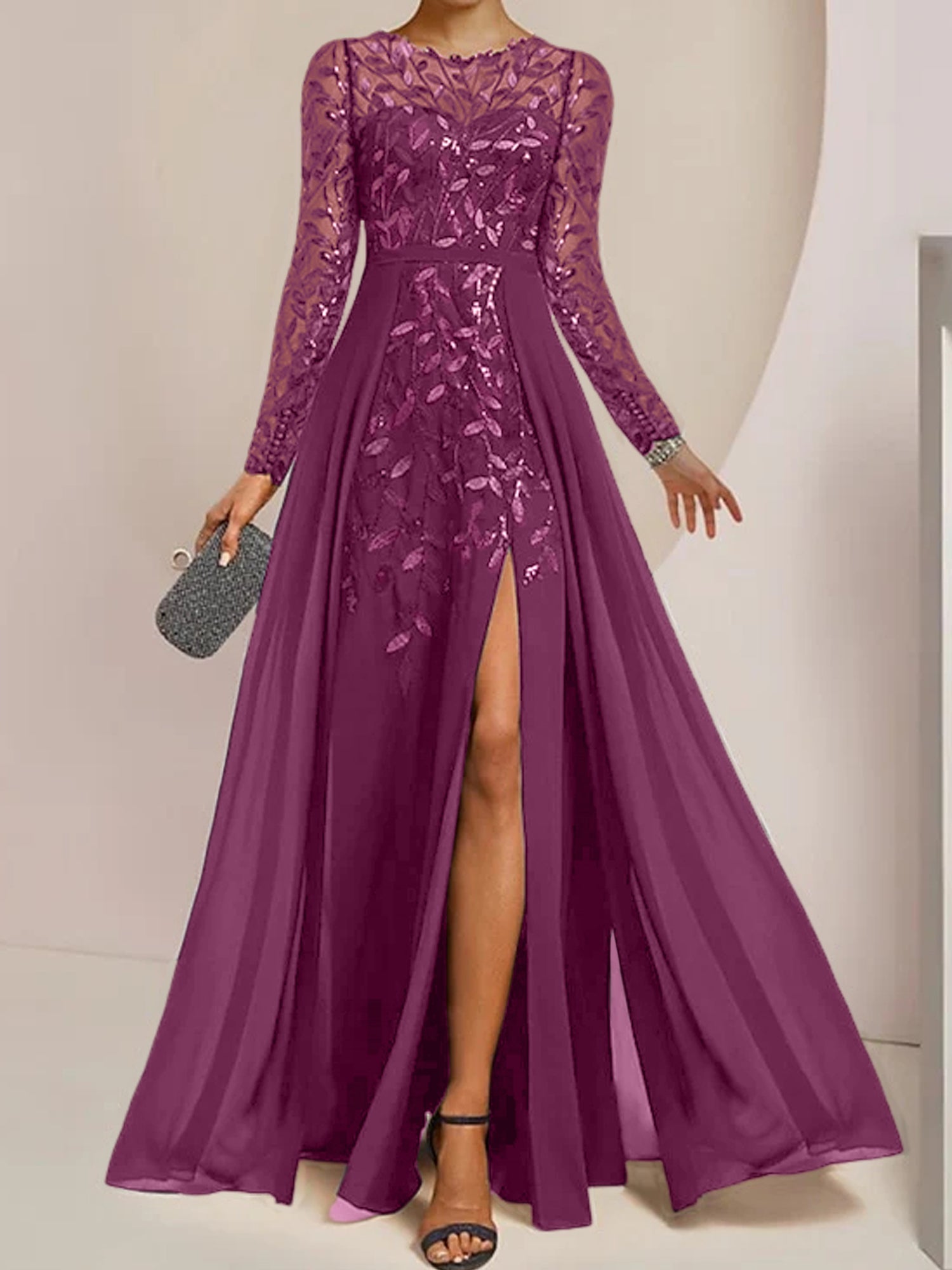 Floor-Length Mother of the Bride A-Line Dress with Scoop Neck Long Sleeves Side Split Ruffles and Sequins