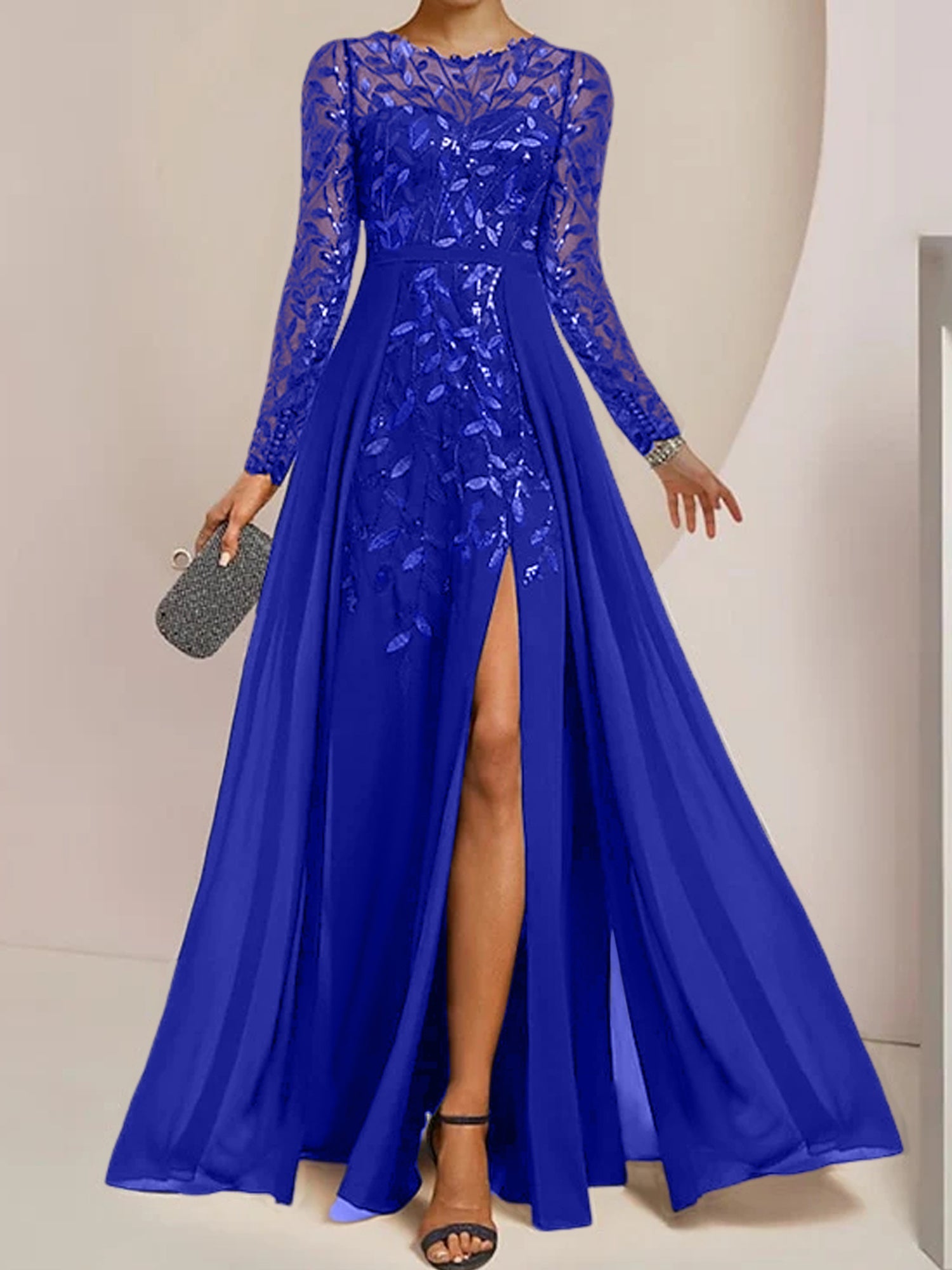 Floor-Length Mother of the Bride A-Line Dress with Scoop Neck Long Sleeves Side Split Ruffles and Sequins