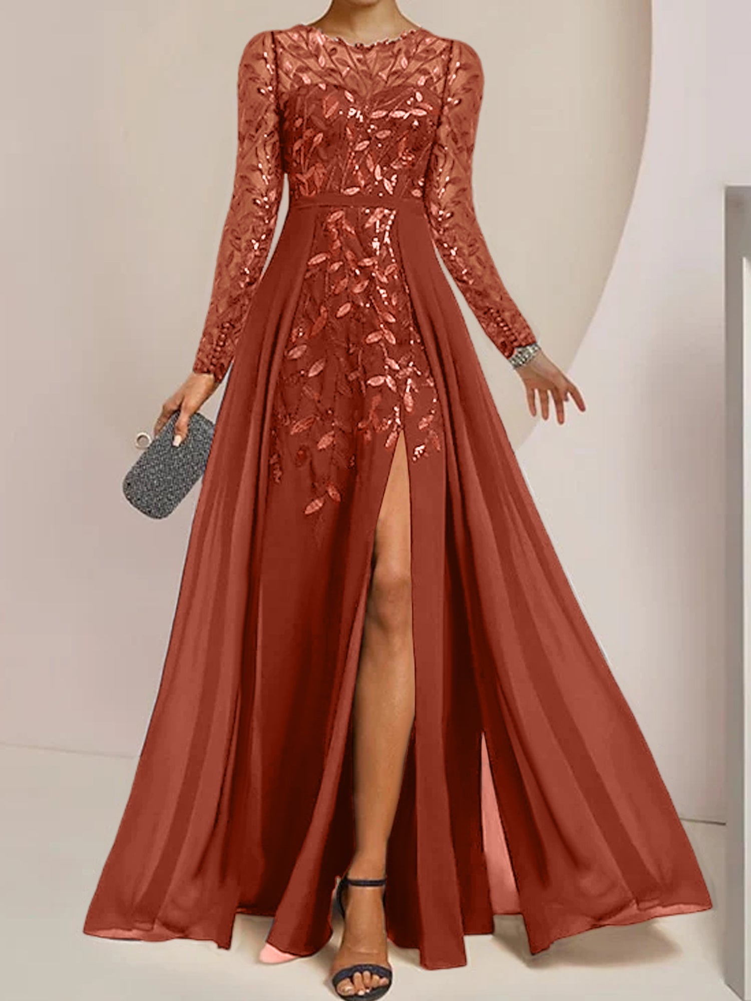 Floor-Length Mother of the Bride A-Line Dress with Scoop Neck Long Sleeves Side Split Ruffles and Sequins