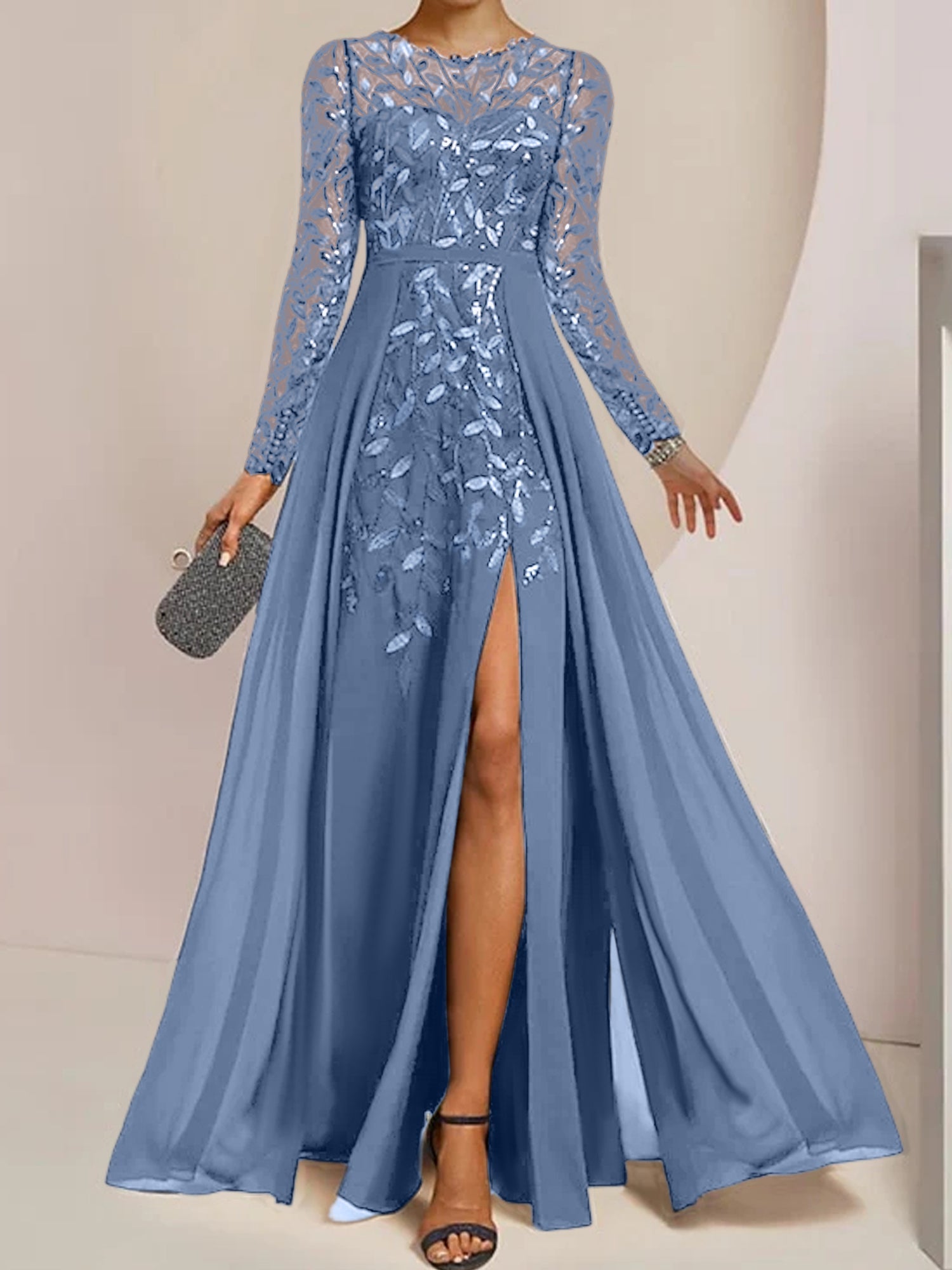 Floor-Length Mother of the Bride A-Line Dress with Scoop Neck Long Sleeves Side Split Ruffles and Sequins