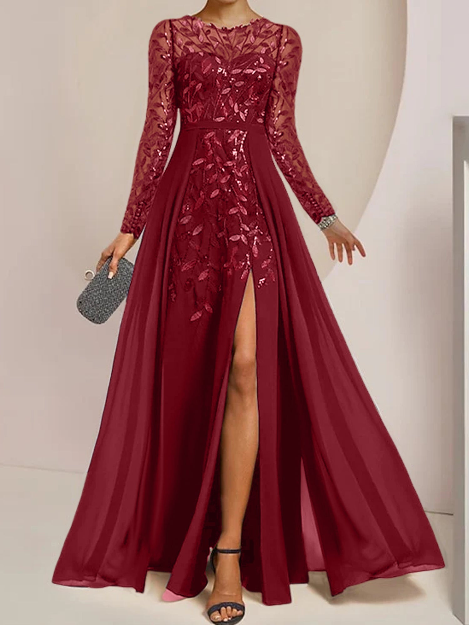 Floor-Length Mother of the Bride A-Line Dress with Scoop Neck Long Sleeves Side Split Ruffles and Sequins