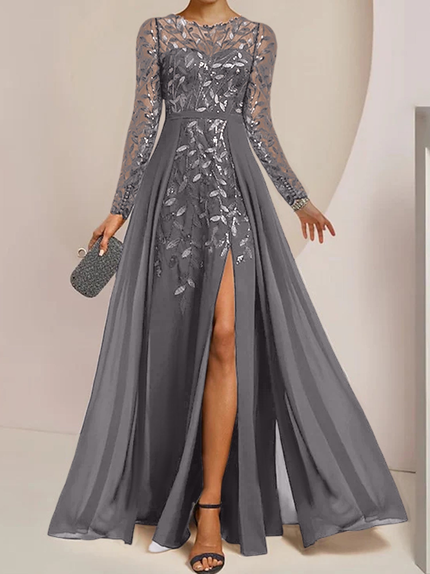 Floor-Length Mother of the Bride A-Line Dress with Scoop Neck Long Sleeves Side Split Ruffles and Sequins