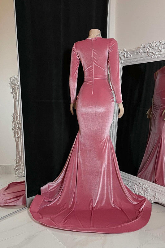 Red Long Formal Dress Long Sleeves Simple With High Split Pleated