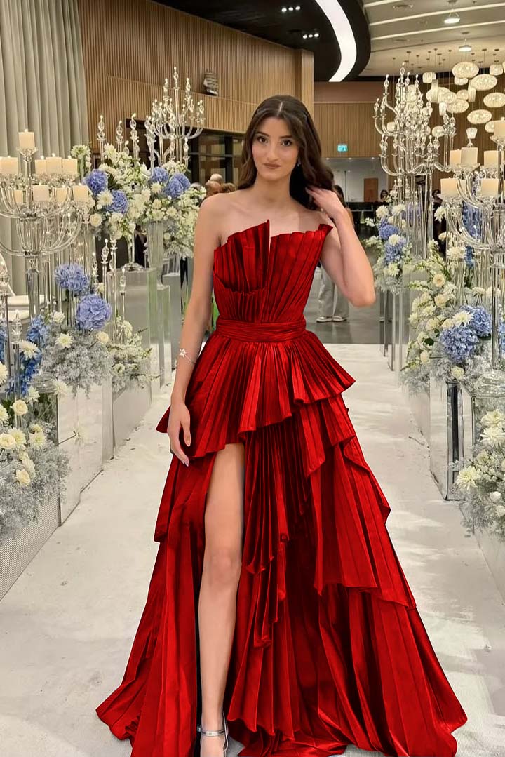 Charming Strapless Sleeveless Long Split Formal Dress With Pleated