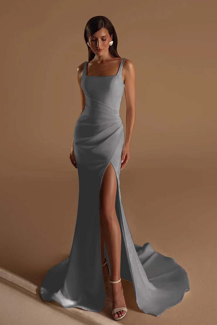 Straps Sleeveless Long Mermaid Formal Dress With Split Pleated