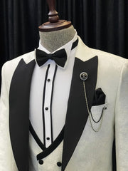 Newinlook Alvin White Jacquard Three-Piece Wedding Suit with Black Peaked Lapel