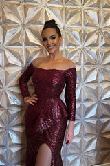 Newinlook Burgundy Sequins Long Sleeves Mermaid Evening Dress With Split