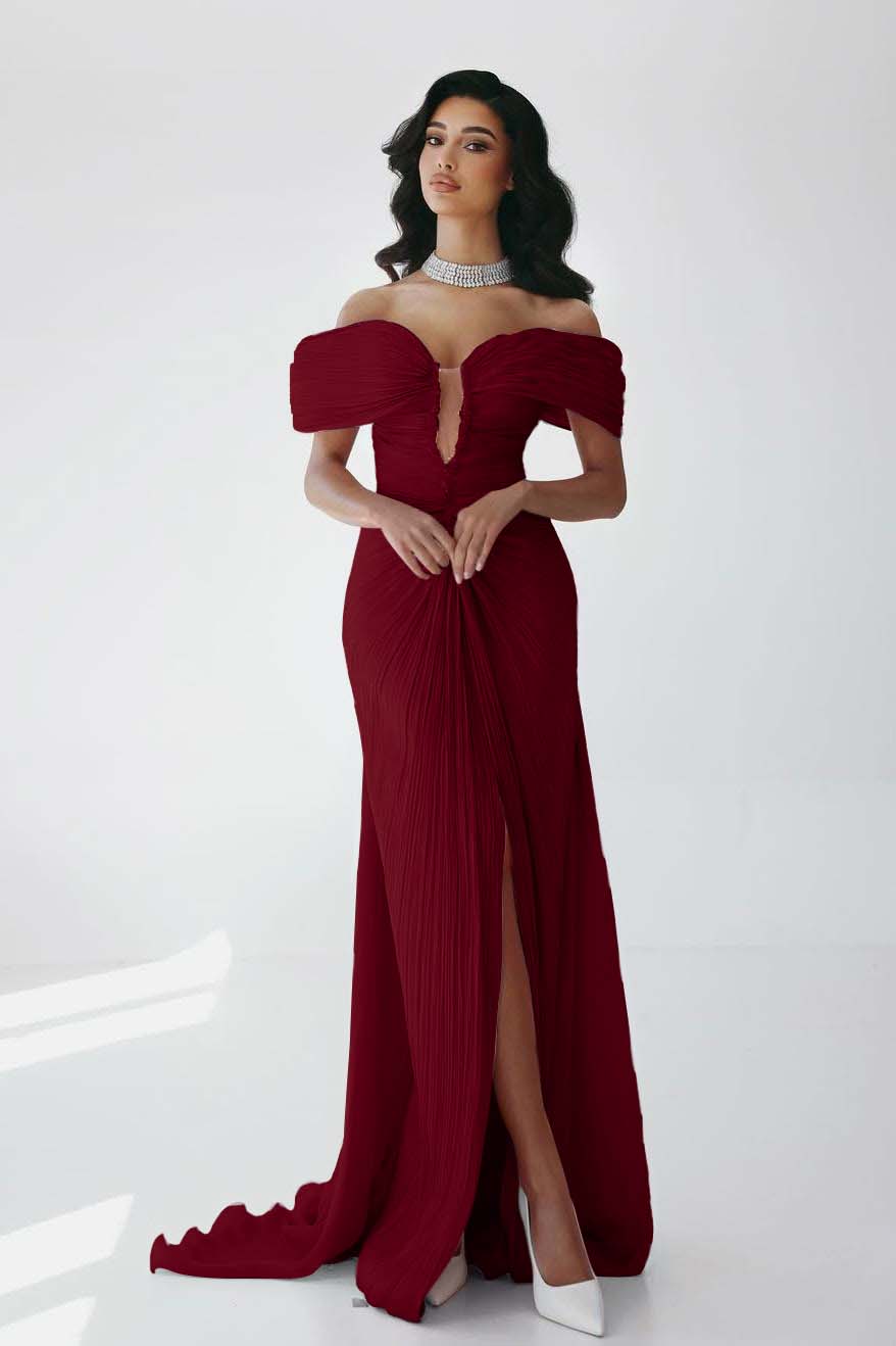Off the Shoulder Sleeveless Long Mermaid Formal Dress With Ruffles Pleated