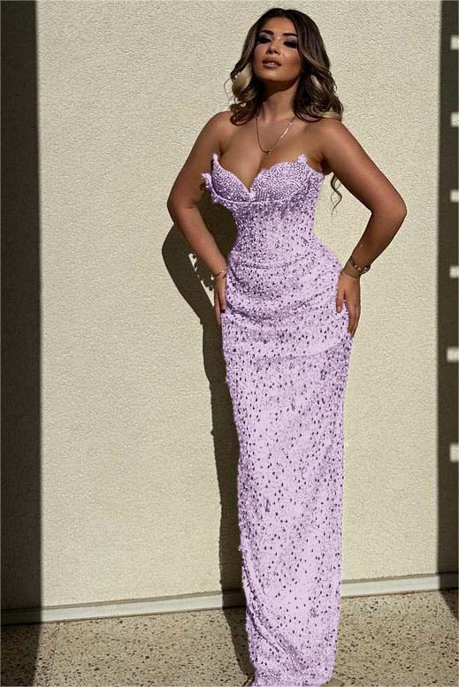 Chic Sequins Strapless Sleeveless High Waist Long Formal Dress With Beadings