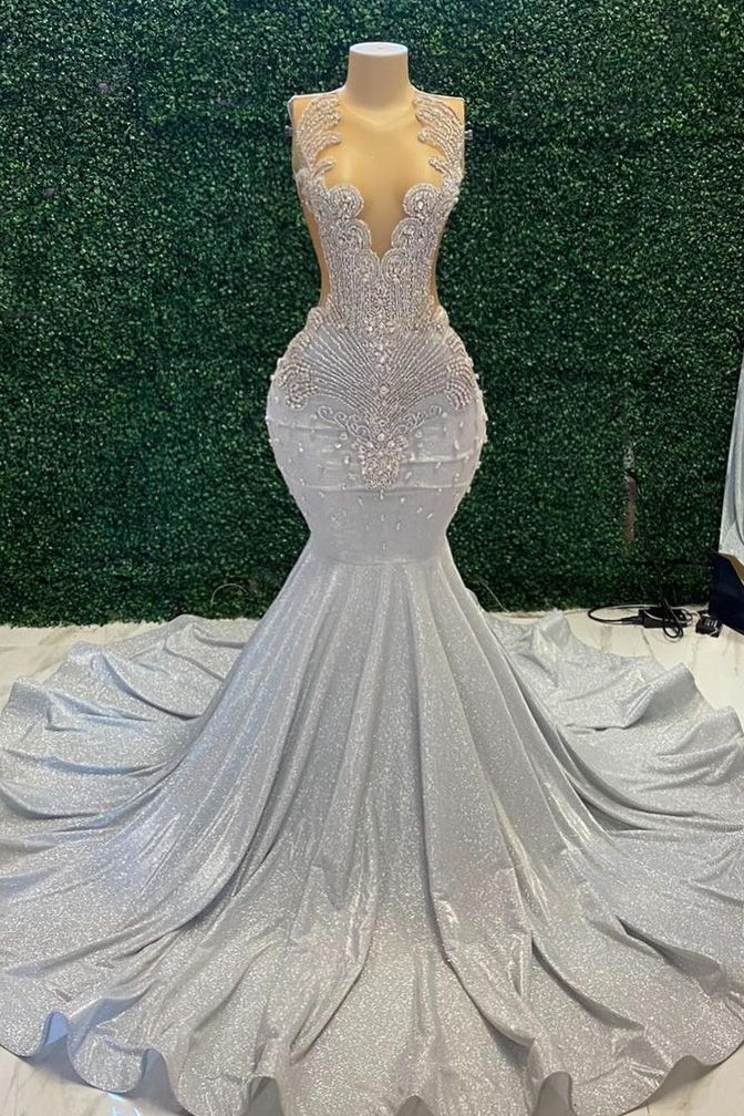 Beautiful Mermaid Sparkle Silver Beaded Long Prom Party Dresses