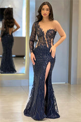 One Shoulder One Long Sleeve Backless Mermaid Split Formal Dress With Appliques