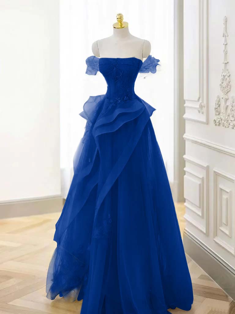 Tulle Off the Shoulder Sleeveless Long Formal Dress With Appliques