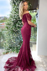 Burgundy Off the Shoulder Short Sleeves Mermaid Formal Dress With Applique