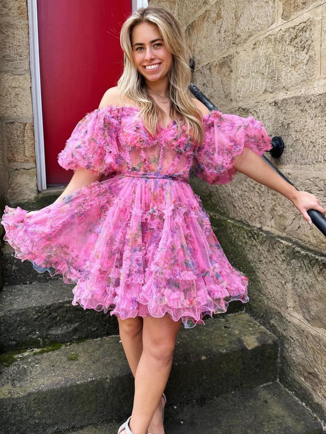 Ivana A-Line Off-the-Shoulder Floral Printed Homecoming Dress Newinlook Ivana A-Line Off-the-Shoulder Floral Printed Homecoming Dress Newinlook