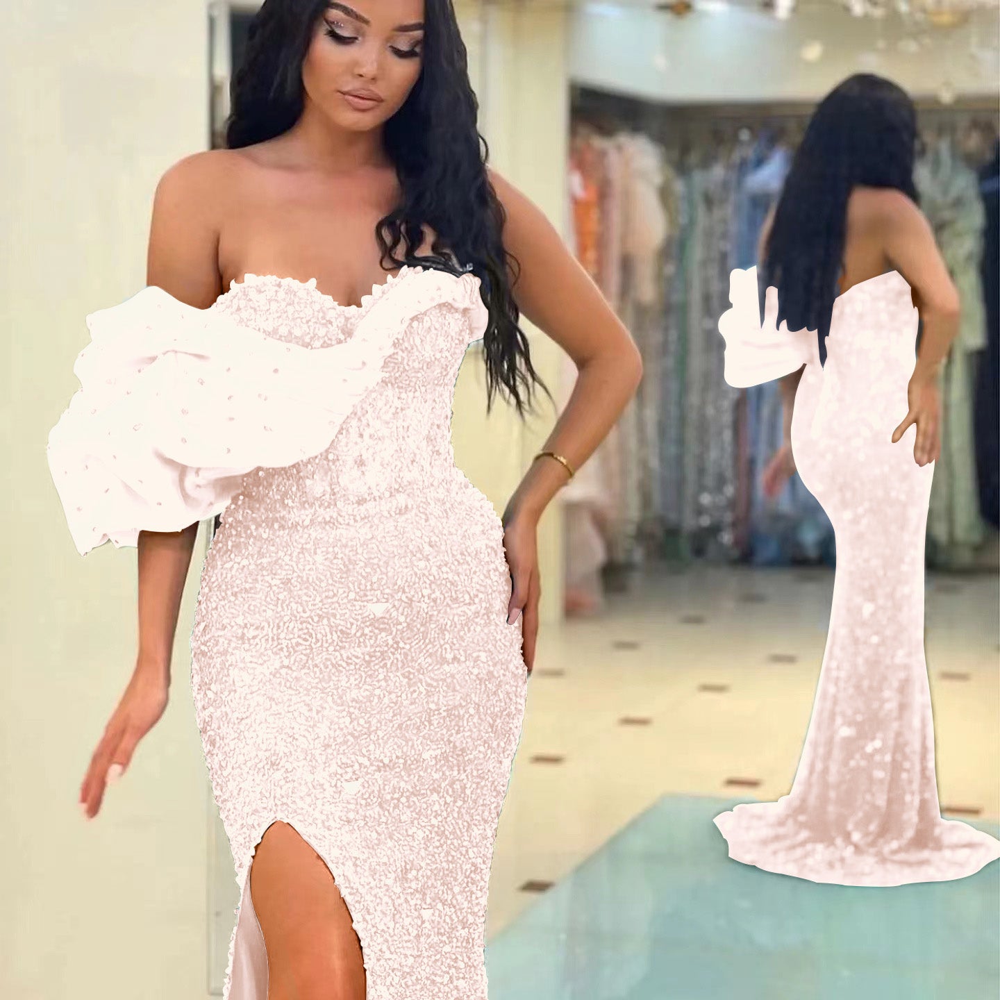 Newinlook Gorgeous One Shoulder Mermaid Split Evening Dress With Sequins Sweetheart Off-The-Shoulder