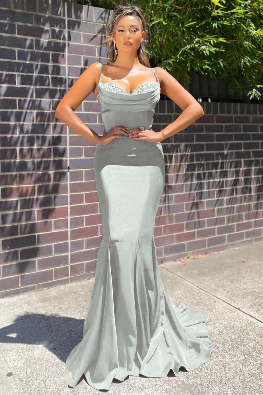 Long Spaghetti Strap Sleeveless Mermaid Ruffles Formal Dress With Beadings